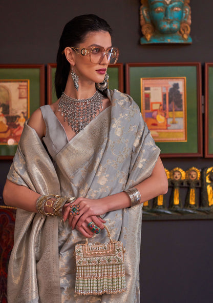 Grey Khabutai Pure katan Handloom Silk Saree