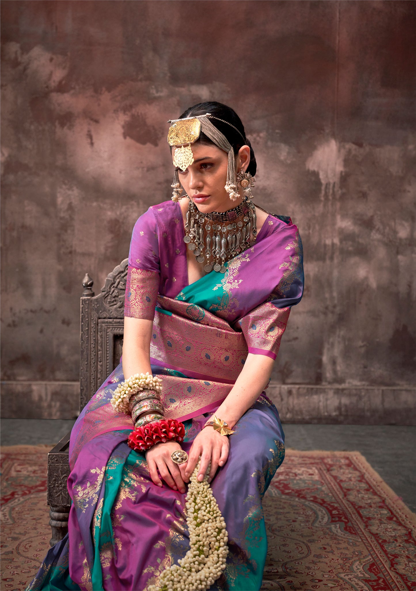 Teal blue Kookal Rangkaat Handloom Silk Saree