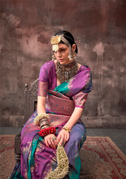 Teal blue Kookal Rangkaat Handloom Silk Saree