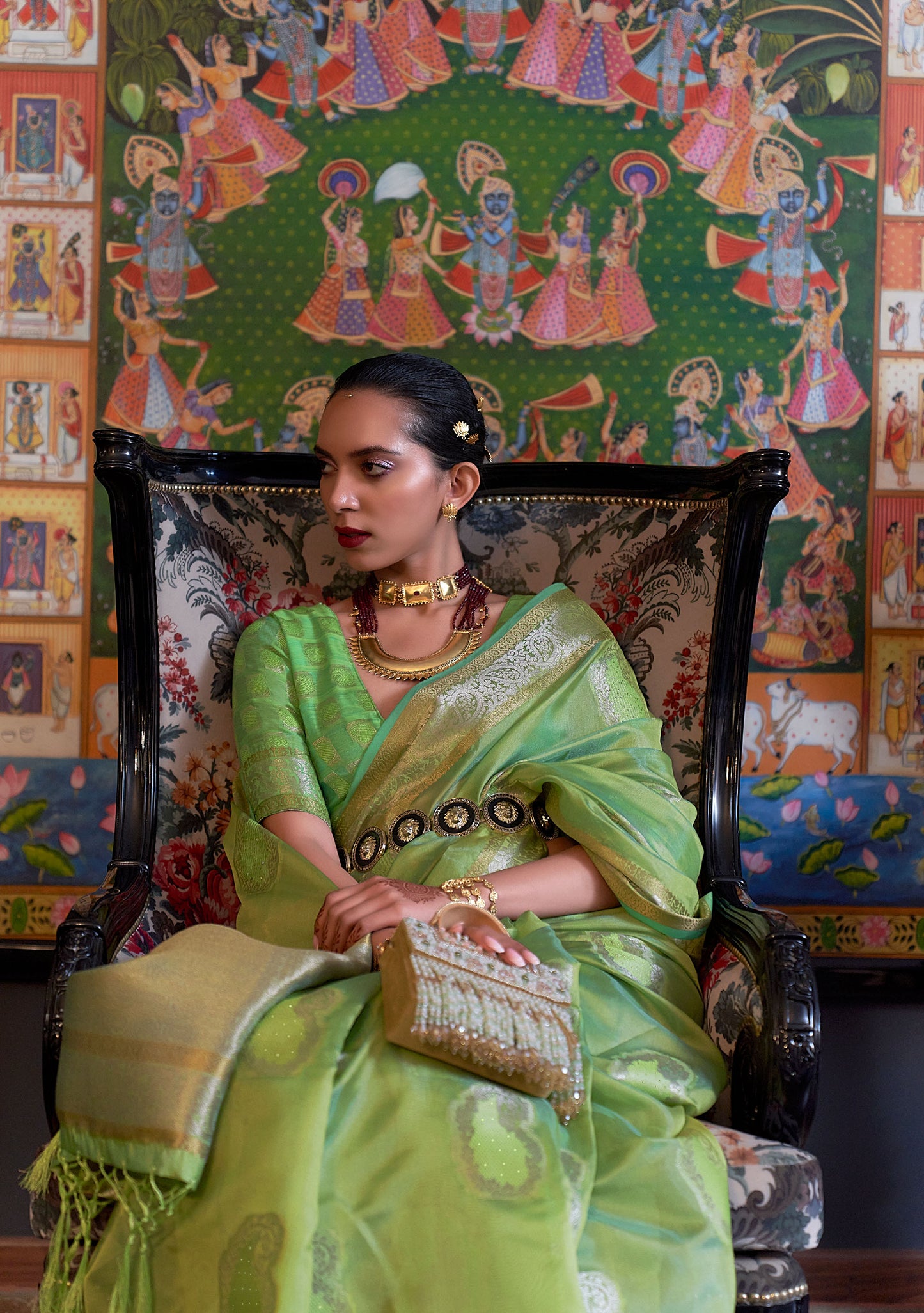 Lime Green Kabinni Organza Two Tone Handloom Saree