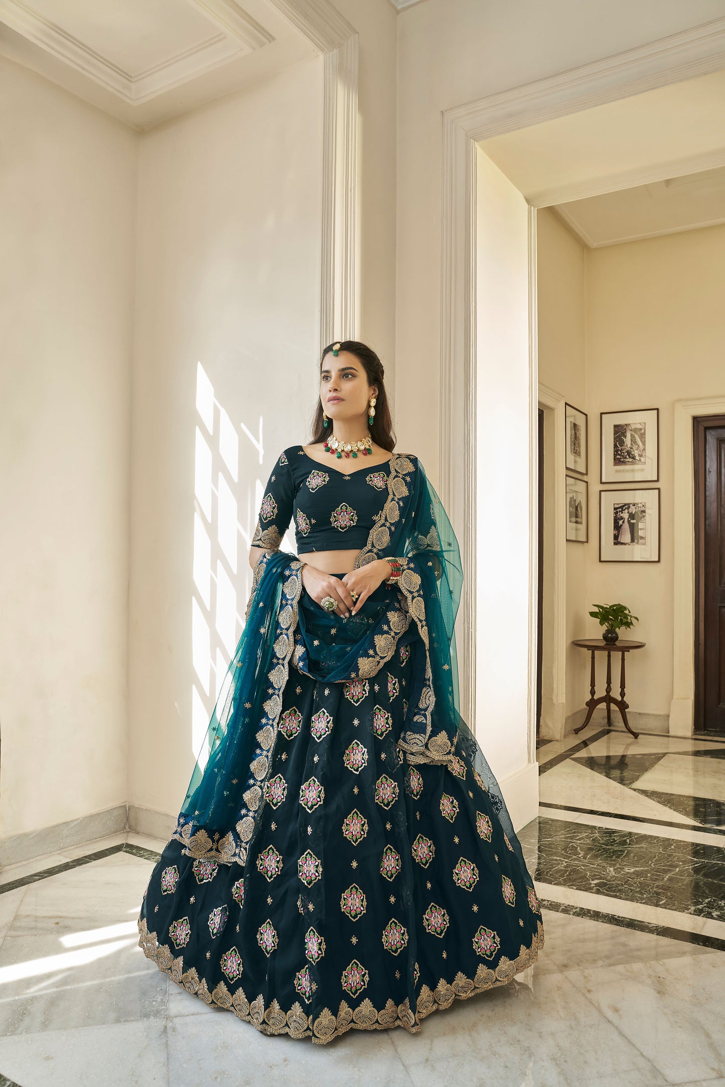 Teal Blue Organza Sequins Work Bridesmaid Lehenga
