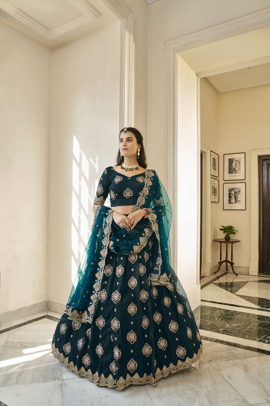 Teal Blue Organza Sequins Work Bridesmaid Lehenga