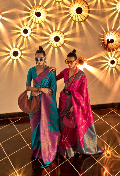 Teal Kornella Chaap Handloom Silk Saree