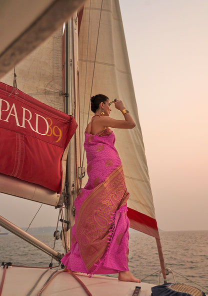 Peach Kokoro Satin Two tone handloom weaving saree