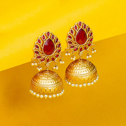 Zevar Club 22K Gold-Plated Ruby Red Stone Studded Jhumka Earrings with Pearl Drops