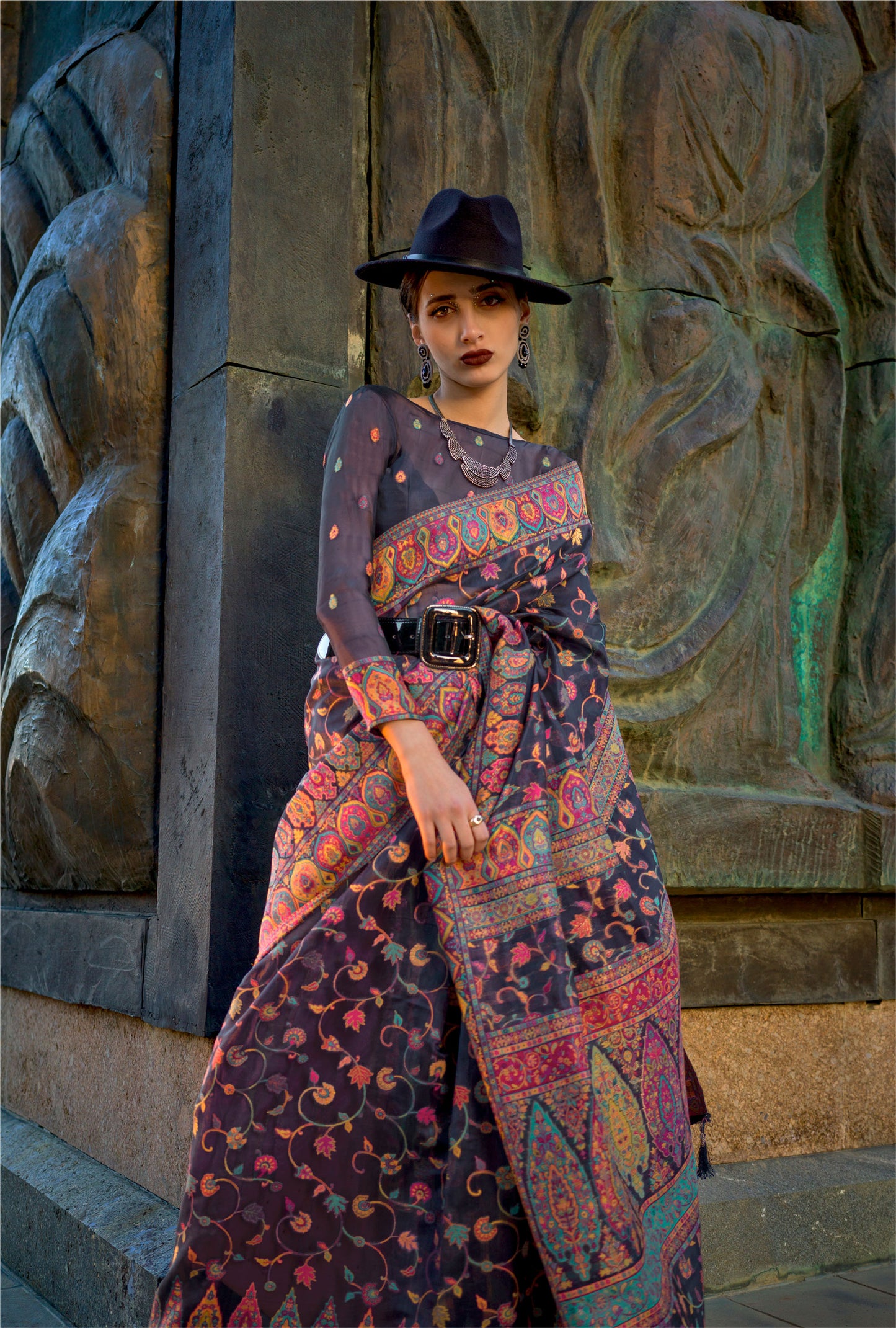 Navy Blue Kashneer Organza Kashmiri Handloom Silk Saree