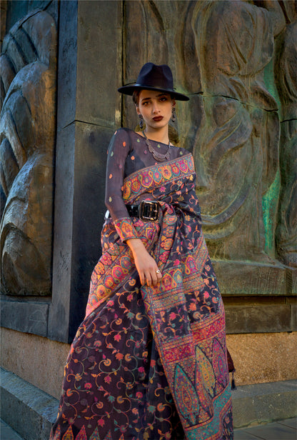 Navy Blue Kashneer Organza Kashmiri Handloom Silk Saree