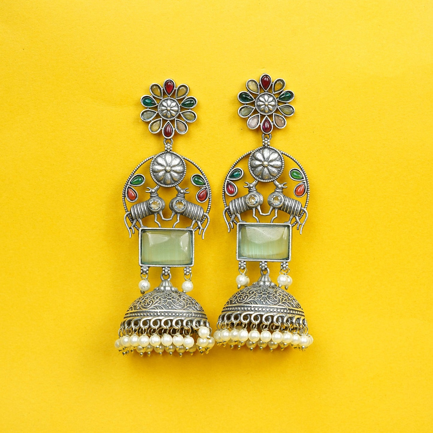 Zevar Club Oxidised Silver-Plated Multicolor Stones & Pastel Green Gemstone Studded Floral Jhumkis Earrings