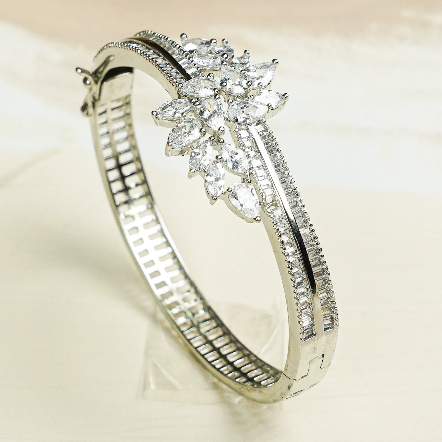 Zevar Club 22K Gold-Plated Floral Cluster Handcrafted AAA CZ Studded Baguette-Lined Openable Bracelet