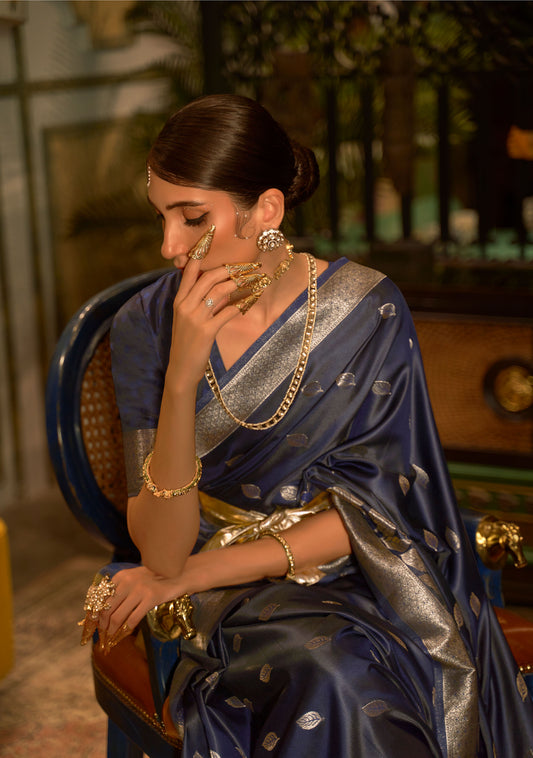 Navy Blue Karadhya Pure Satin Handloom Saree
