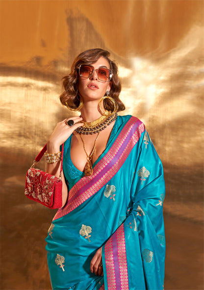 Teal Blue Ksattika Pure Satin Handloom Silk Saree