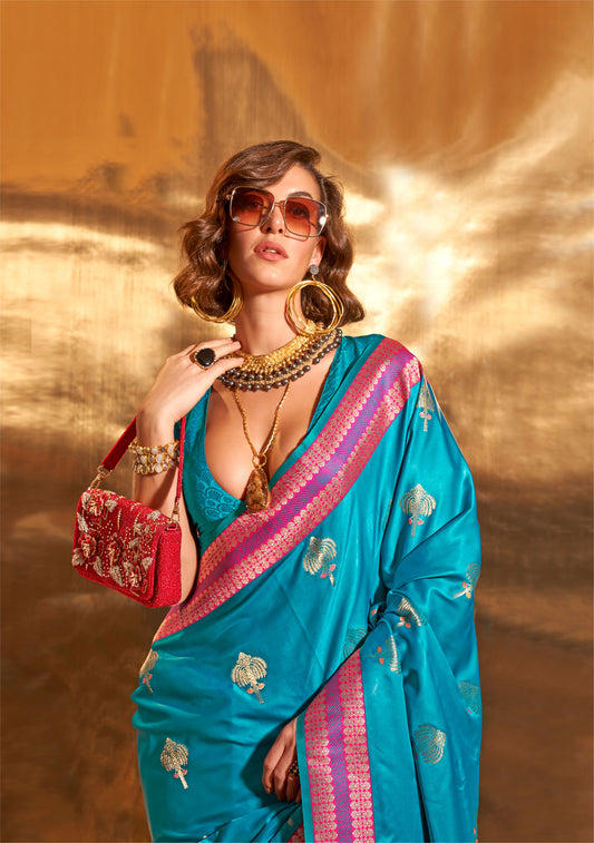 Teal Blue Ksattika Pure Satin Handloom Silk Saree