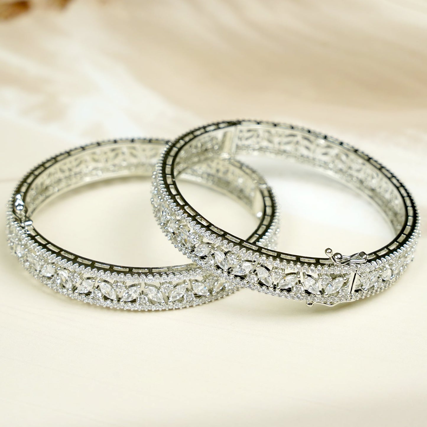 Zevar Club Set of 2 Rhodium-Plated Handcrafted AAA Cubic Zirconia Vine Motif Studded Premium Screw Adjustable Bangles