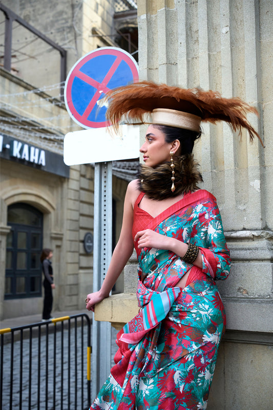 Blue Floral Kazule Contemporary Satin Crepe Saree