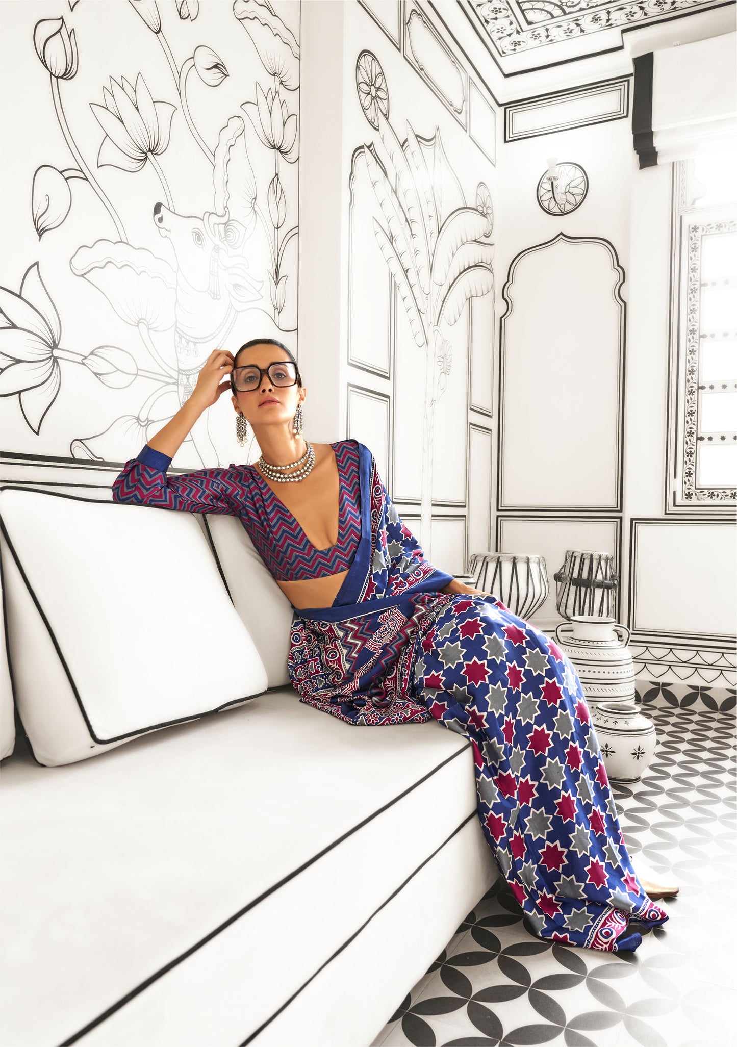 Dark Blue Kajarkh Printed Ajrakh Satin Saree