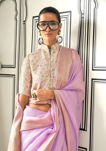 Lavender Knoorie Moss Chiffon Handloom Saree