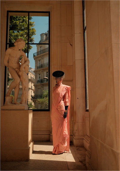 Peach Kyha Pure Satin Handloom Saree