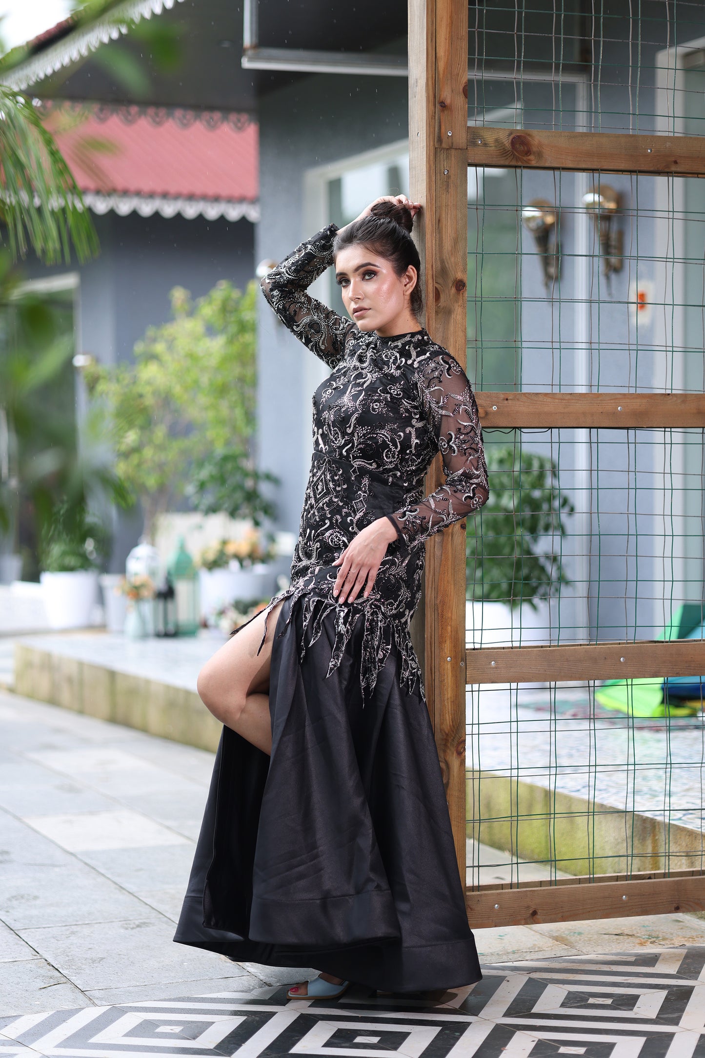 Midnight Dusk Black High Neck & High Slit Gown