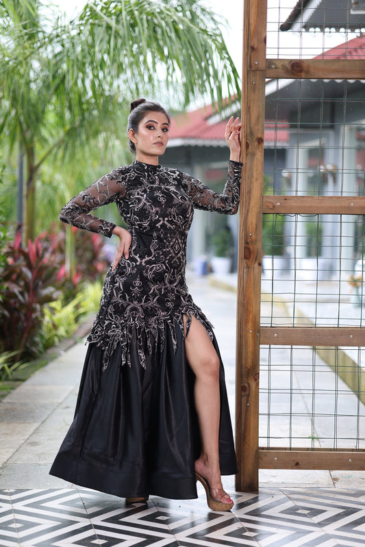 Midnight Dusk Black High Neck & High Slit Gown