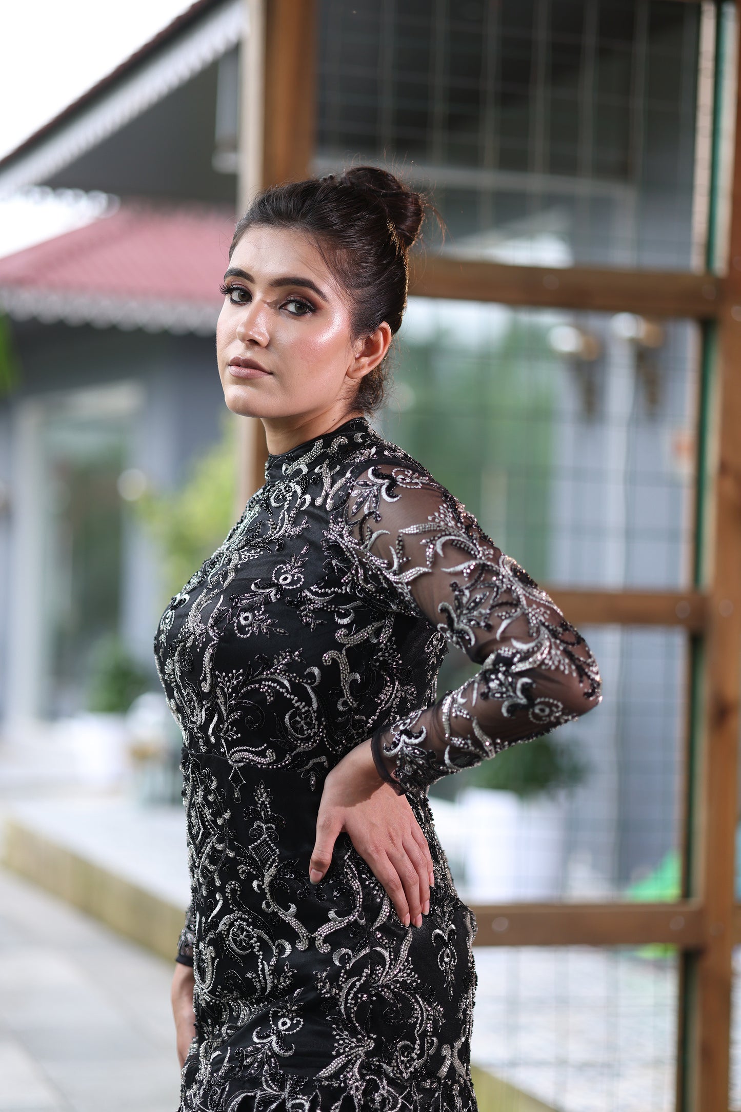 Midnight Dusk Black High Neck & High Slit Gown