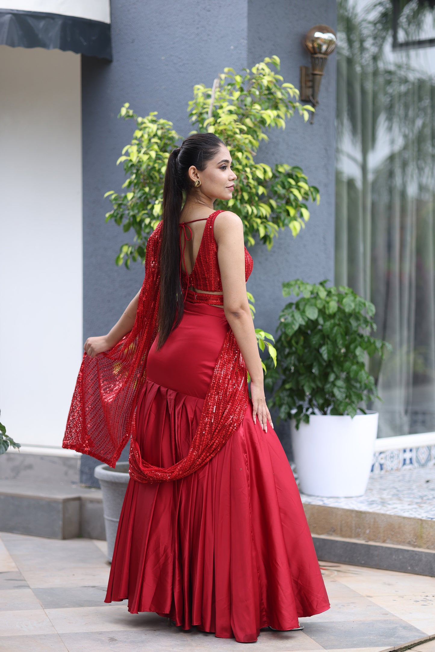 Ruby Glow Deep Red Saree with a belt