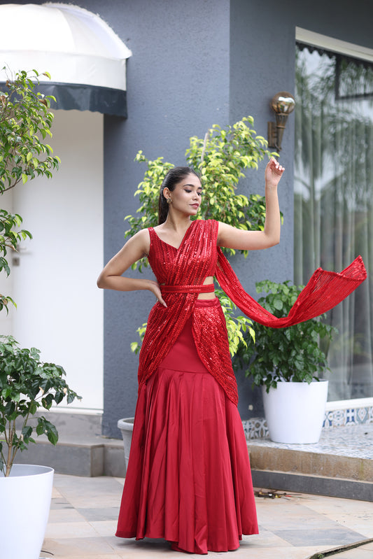 Ruby Glow Deep Red Saree with a belt