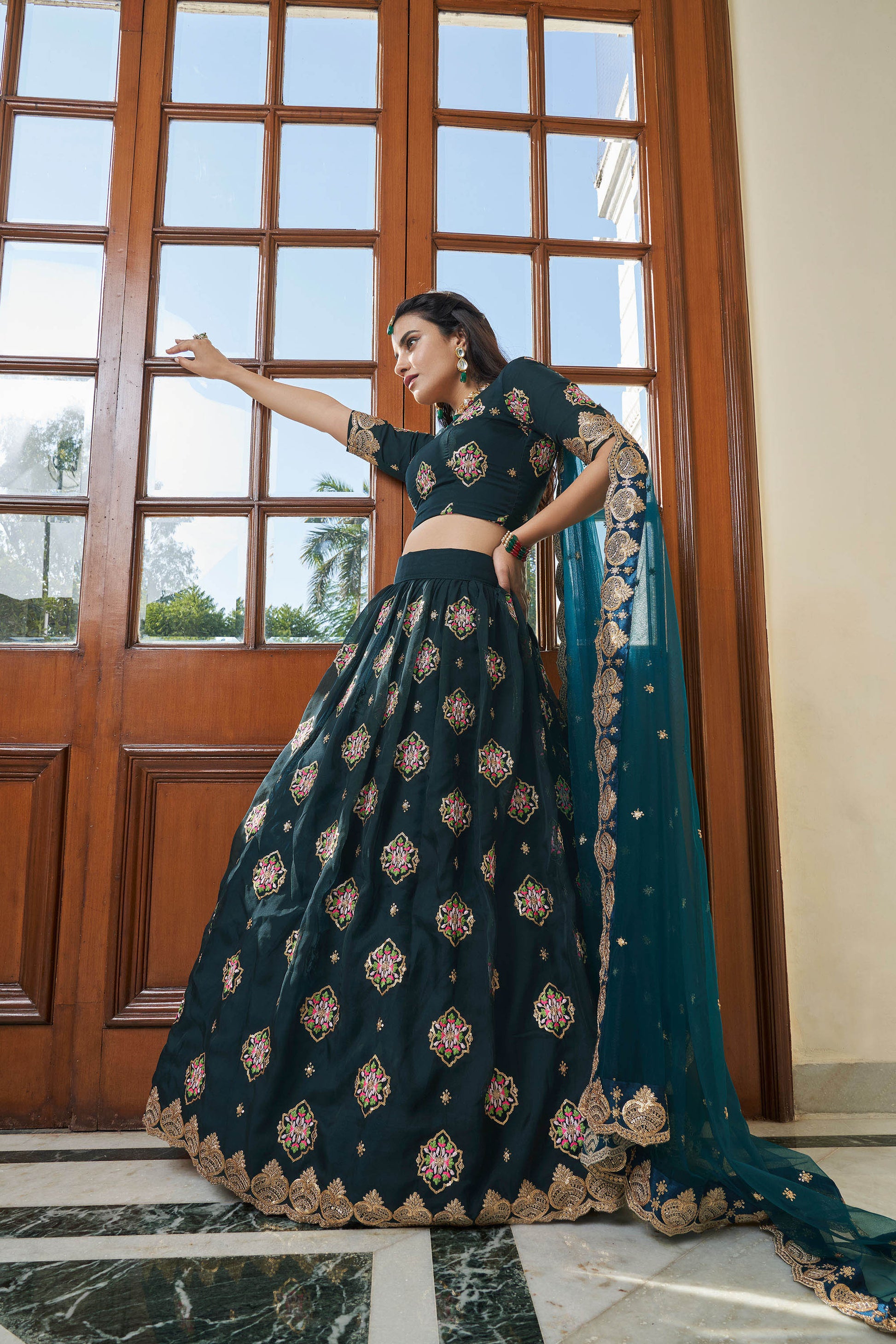 Teal Blue Organza Sequins Work Bridesmaid Lehenga