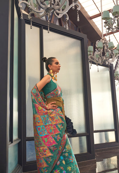 Deep Green Kabira Kashmiri Modal Handloom Silk Saree