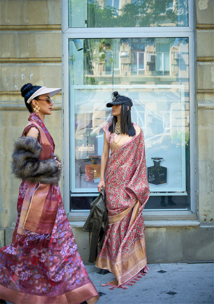 Light Pink Floral Klay Print Satin Organza Saree
