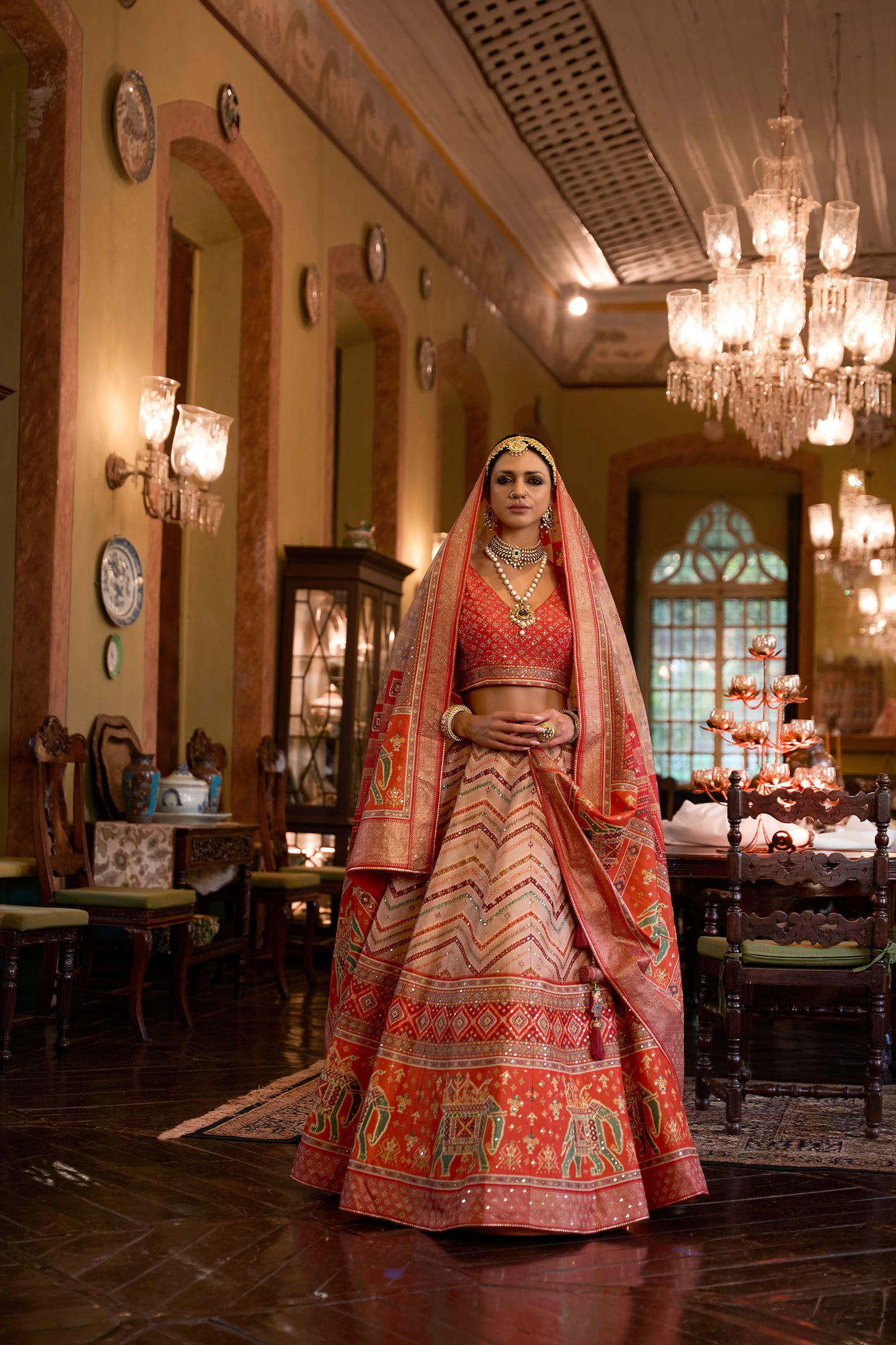 Orange and Cream Mirror Work Bridal Lehenga