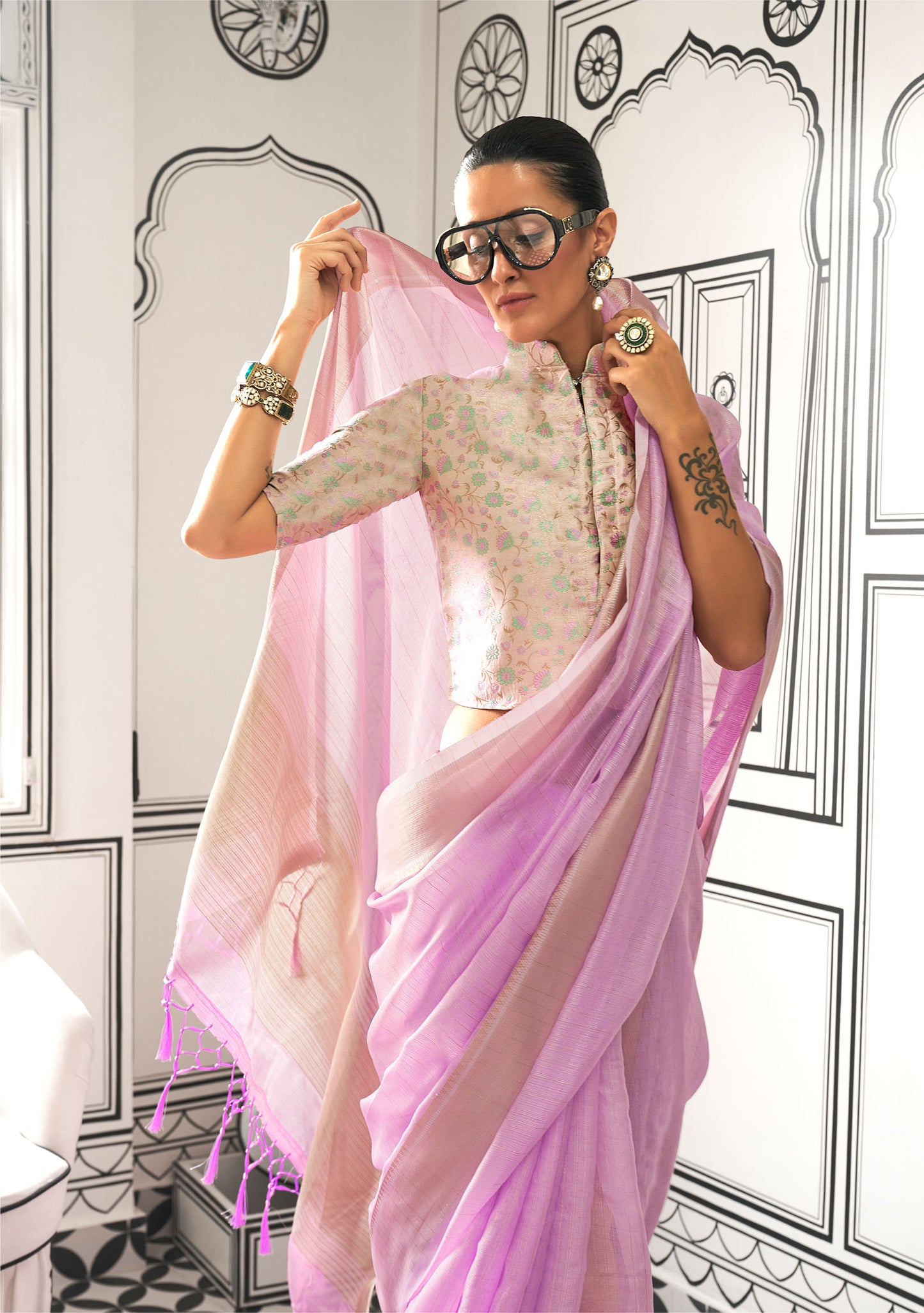 Lavender Knoorie Moss Chiffon Handloom Saree