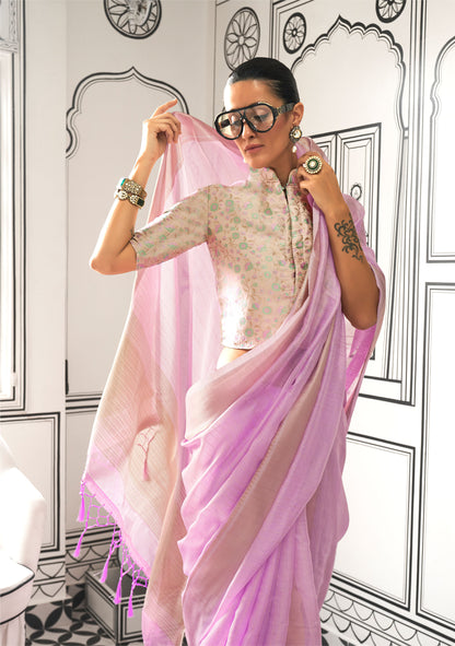 Lavender Knoorie Moss Chiffon Handloom Saree