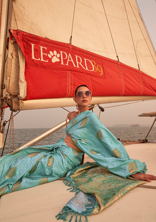 Turquoise Kokoro Satin Two tone handloom weaving saree