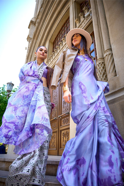 Lavender and White Pattern Kubik Print Satin Saree