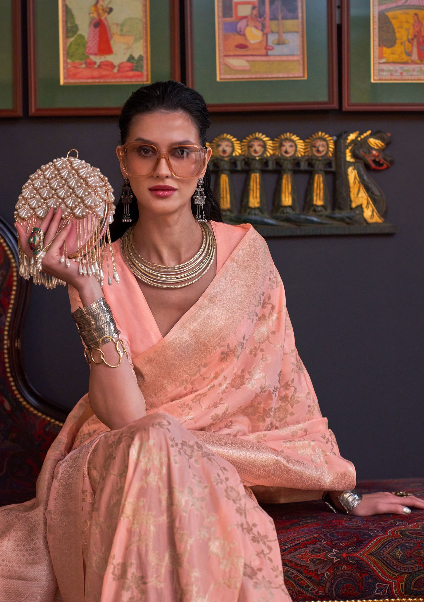 Peach Khabutai Pure katan Handloom Silk Saree