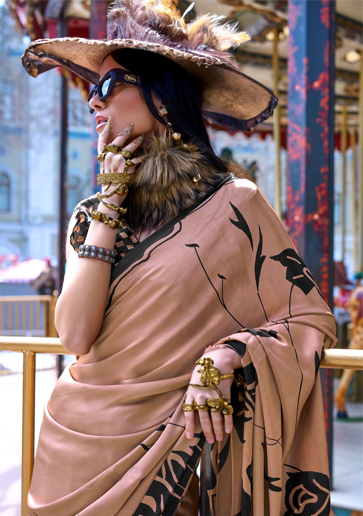 Mud Brown Kazule Contemporary Satin Crepe Saree