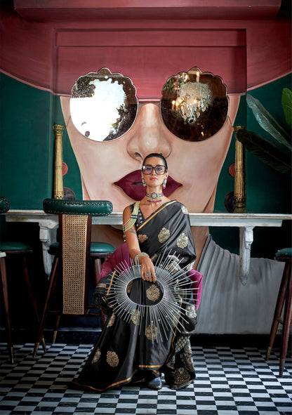 Black Kanthkala Topaz Pure Satin Handloom Saree