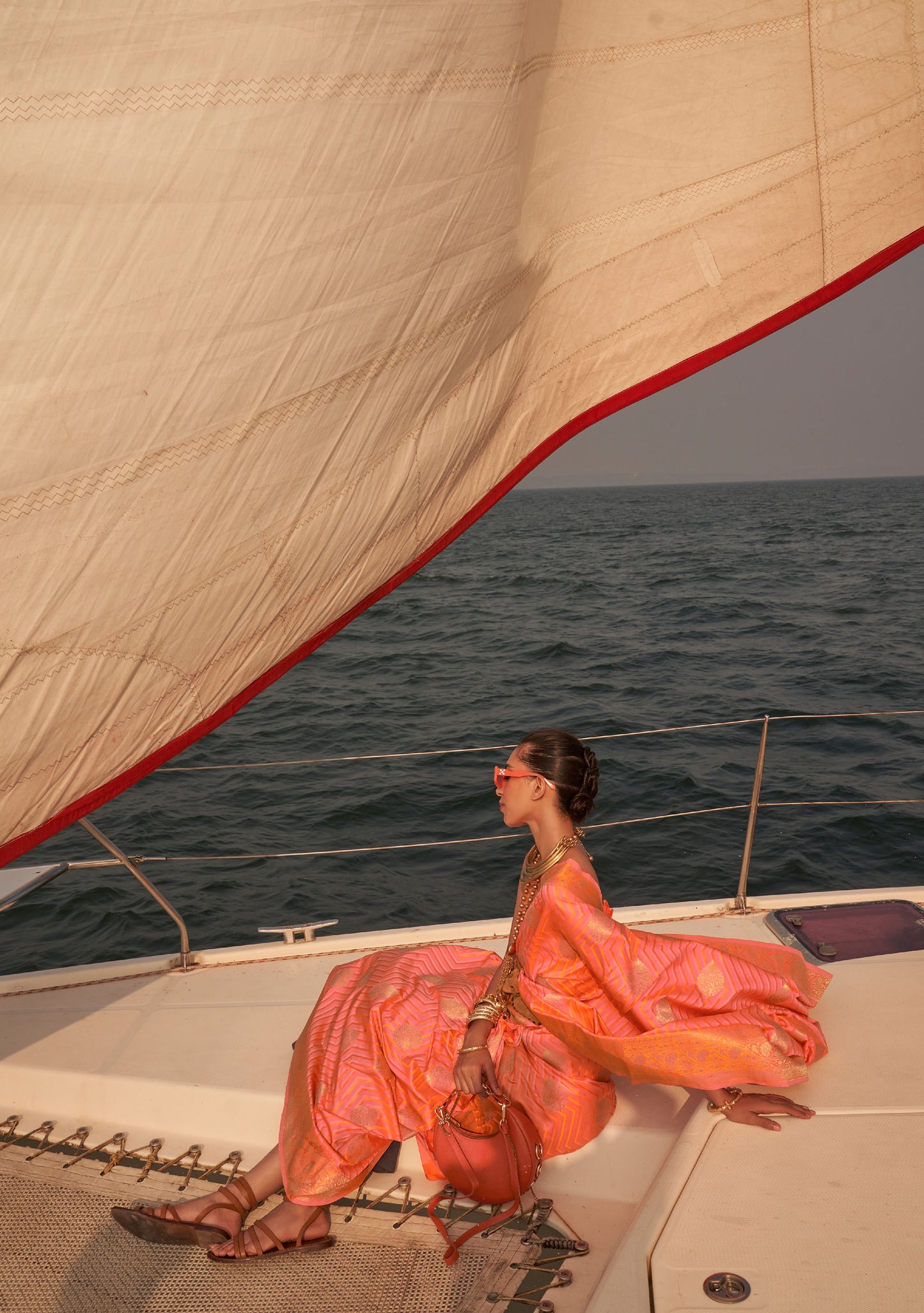 Peach coral Kingston Pure Satin Nylon two tone saree