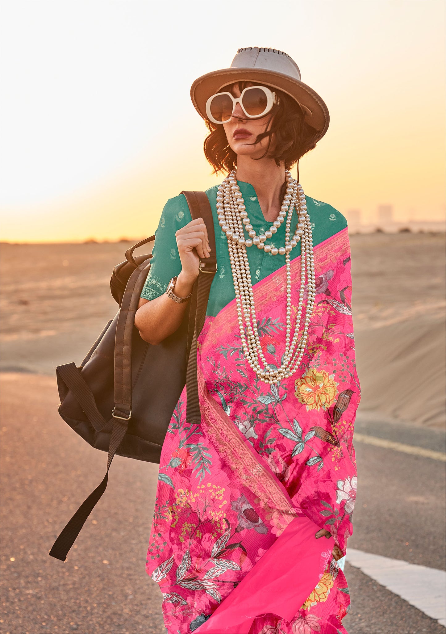 Pink Kikigai Printed Tussar Silk Saree