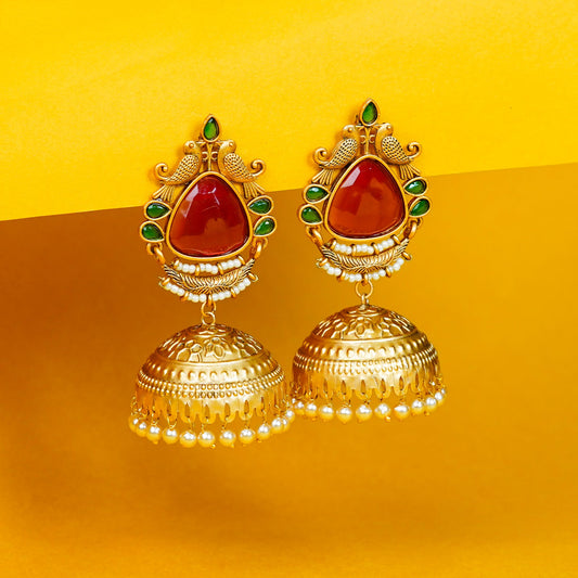 Zevar Club Brass Gold-Toned Bird Motif Ethnic Jhumka Earrings with Red Green Stones & Pearls