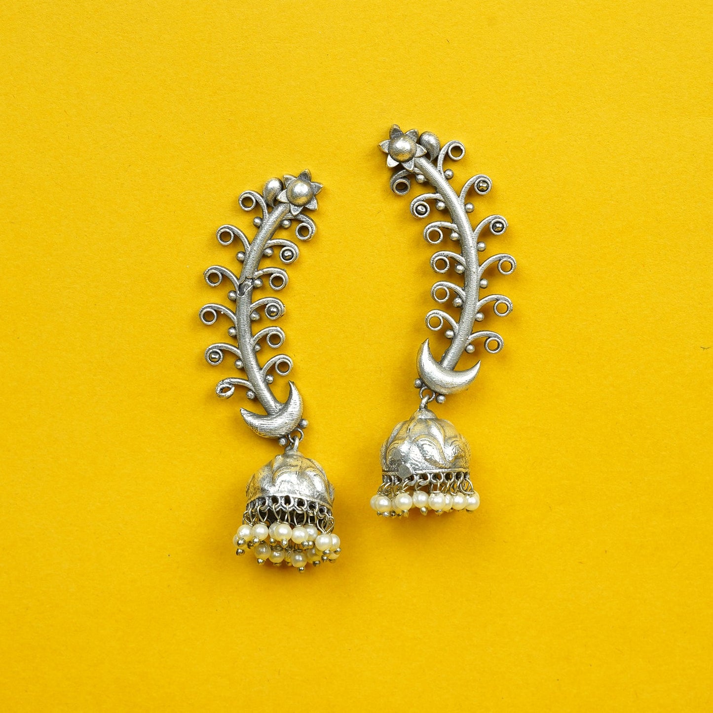 Zevar Club Oxidised Silver-Plated Leafy Spiral Dome Teardrop Jhumka Earrings