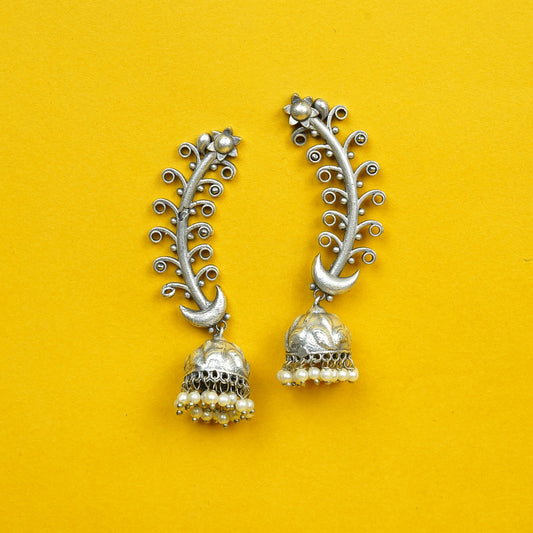 Zevar Club Oxidised Silver-Plated Leafy Spiral Dome Teardrop Jhumka Earrings