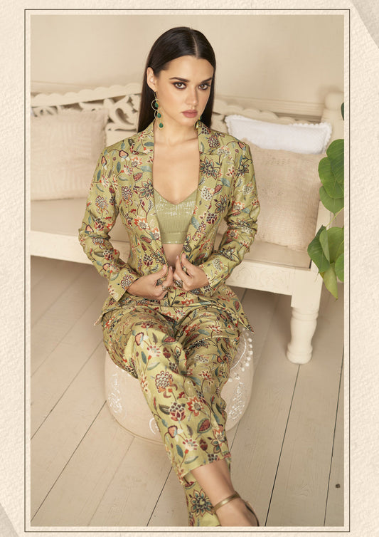 Green Digital Printed Chinnon Silk Coord Set