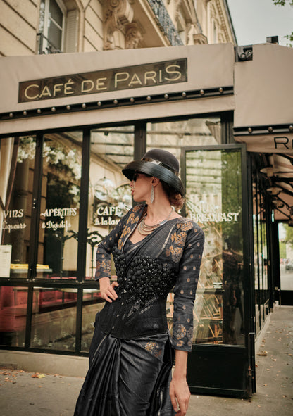 Black Kronicle Pure Satin Zari Handloom Saree