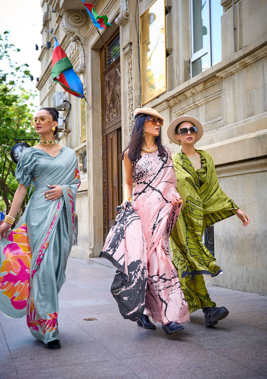 SIlver Orange Floral Kubik Print Satin Saree