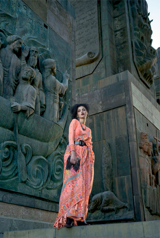 Peach Kashneer Organza Kashmiri Handloom Silk Saree