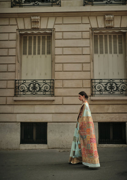 Cadet Blue Khadija Kashmiri Handoom Silk Saree