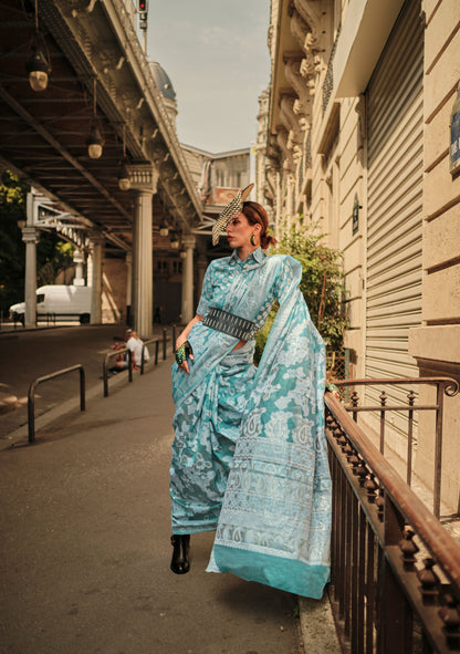 Turquoise Kaneeza Lucknow Chikankari Zari Saree