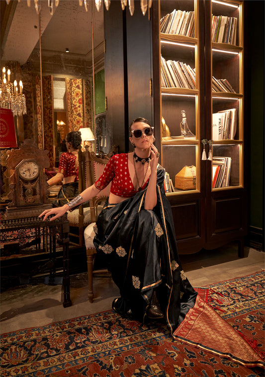 Black Kanthkala Luxe Satin Handloom saree