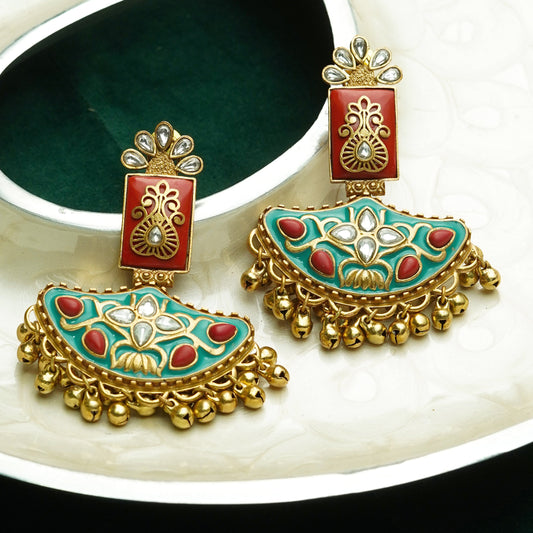 Antique Gold Turquiose Red Ghungroo Earrings